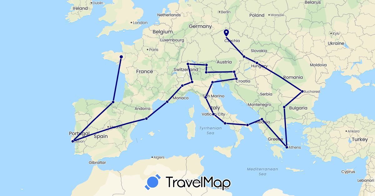 TravelMap itinerary: driving in Albania, Austria, Bulgaria, Switzerland, Czech Republic, Spain, France, Greece, Croatia, Hungary, Italy, Portugal, Romania, Slovenia, Slovakia (Europe)